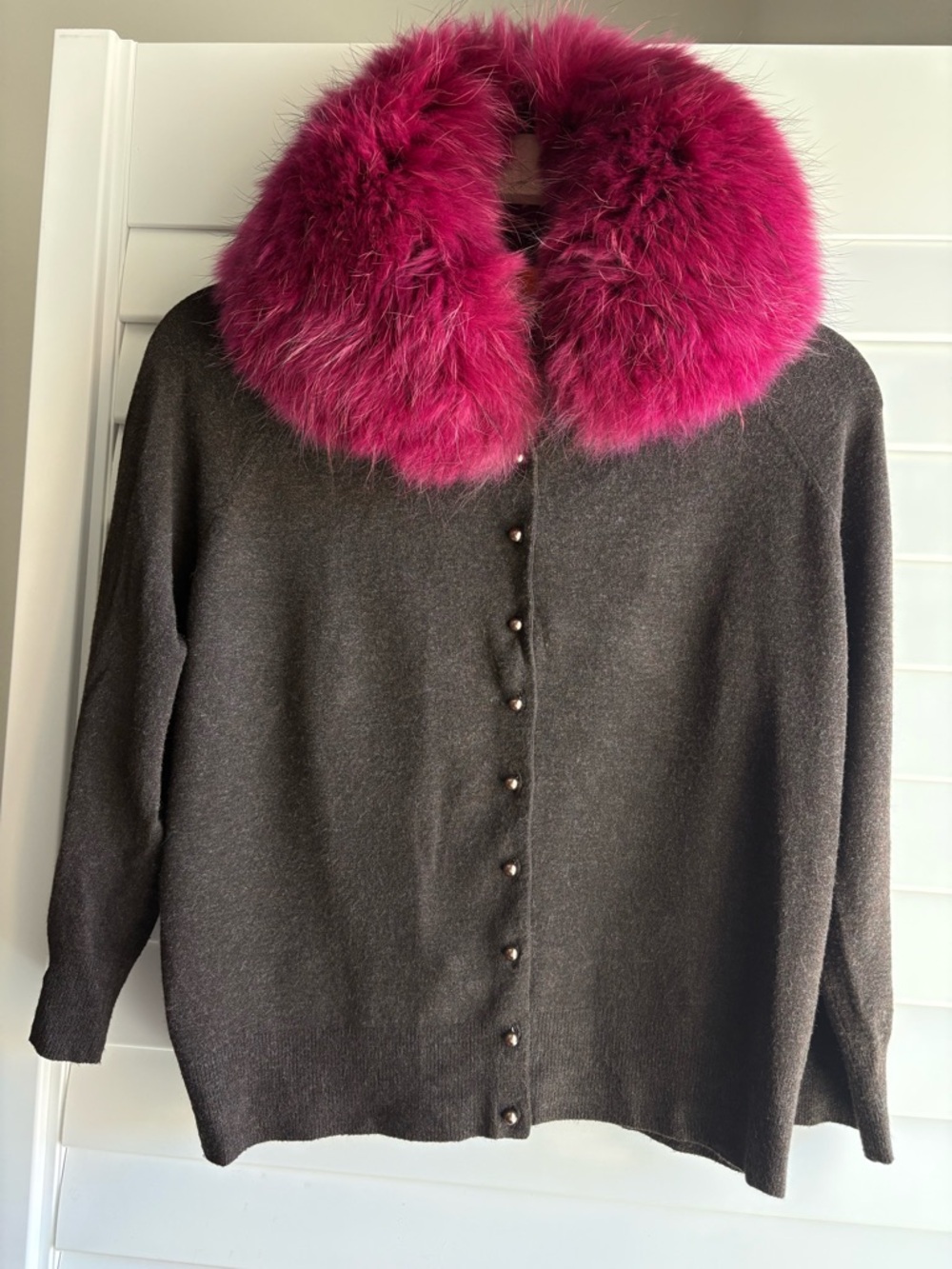 Cynthia Steffe Brown Knit Cardigan with Fuchsia Fur Collar